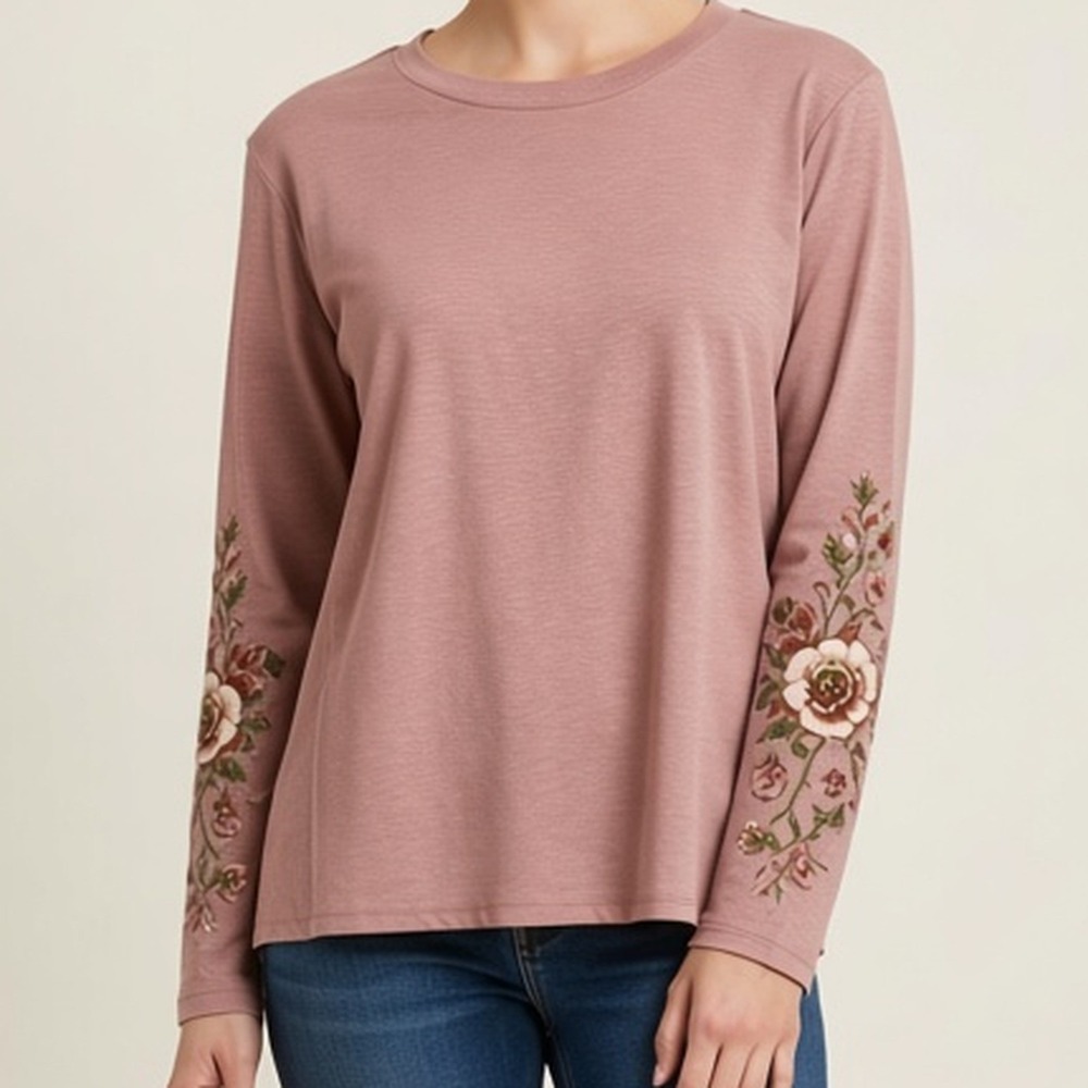 Mystree NWT Floral Embroidered Sleeve Long Sleeve Top Rose Pink Boho Women M